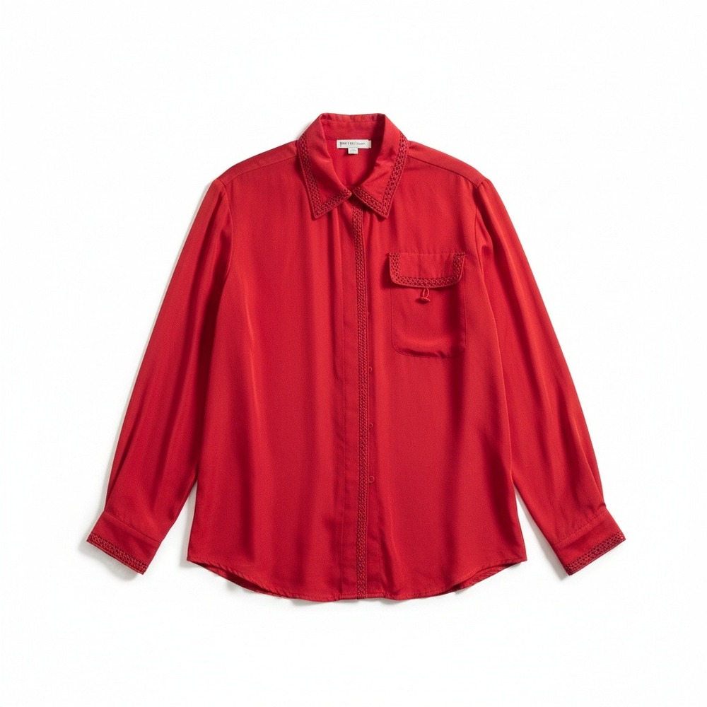 Tess Red Crochet Trim Button‎ Down, Women's Small Blouse, 100% Silk, Long Sleeve